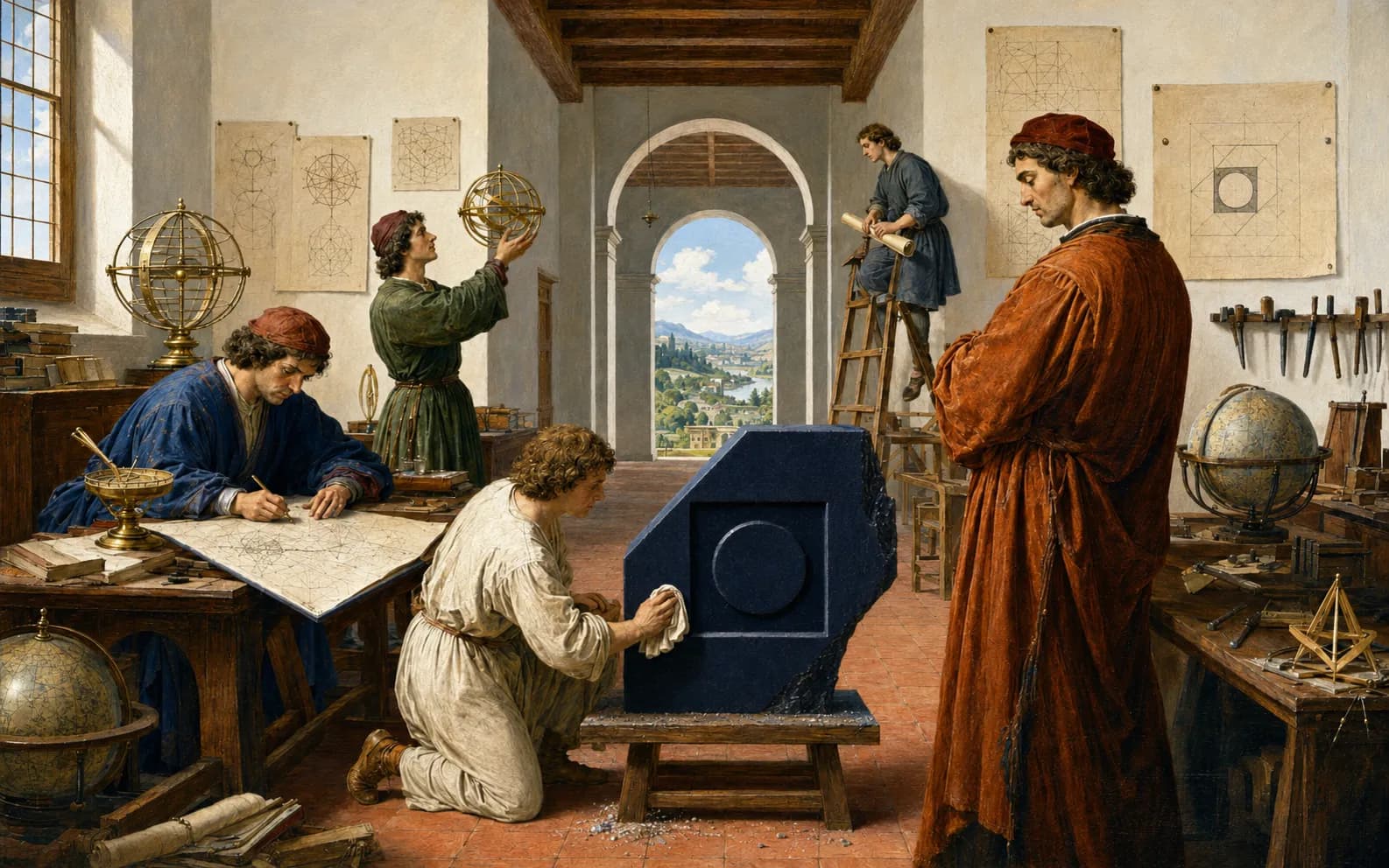 A workshop of mapmakers gathered around charts and instruments.